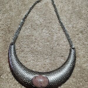 Stainless Steel and Pink Agate Statement Necklace